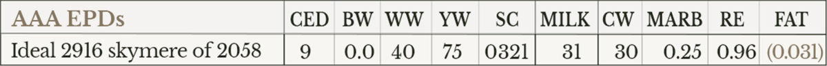 Ideal 2916 Skymere of 2058 EPDs table displaying performance metrics for Angus cattle, including CED, BW, WW, YW, SC, MILK, CW, MARB, RE, and FAT values.